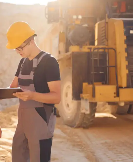 Two site personnel reviewing documents beside a haul truck